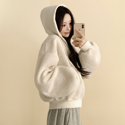 양털 뽀글이 배색 투웨이 스트링 오버핏 덤블 크롭 후드집업 점퍼 크림