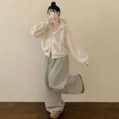 양털 뽀글이 배색 투웨이 스트링 오버핏 덤블 크롭 후드집업 점퍼 크림