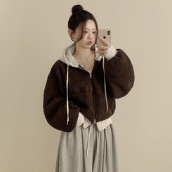 양털 뽀글이 배색 투웨이 스트링 오버핏 덤블 크롭 후드집업 점퍼 밤색