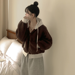 양털 뽀글이 배색 투웨이 스트링 오버핏 덤블 크롭 후드집업 점퍼 밤색