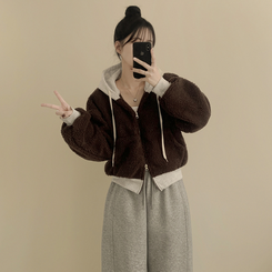 양털 뽀글이 배색 투웨이 스트링 오버핏 덤블 크롭 후드집업 점퍼 밤색