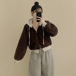 양털 뽀글이 배색 투웨이 스트링 오버핏 덤블 크롭 후드집업 점퍼 밤색