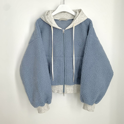 양털 뽀글이 배색 투웨이 스트링 오버핏 덤블 크롭 후드집업 점퍼