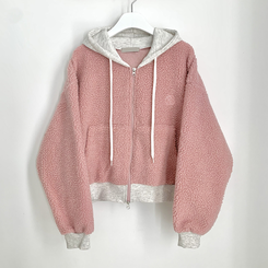 양털 뽀글이 배색 투웨이 스트링 오버핏 덤블 크롭 후드집업 점퍼