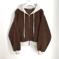 양털 뽀글이 배색 투웨이 스트링 오버핏 덤블 크롭 후드집업 점퍼