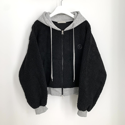 양털 뽀글이 배색 투웨이 스트링 오버핏 덤블 크롭 후드집업 점퍼