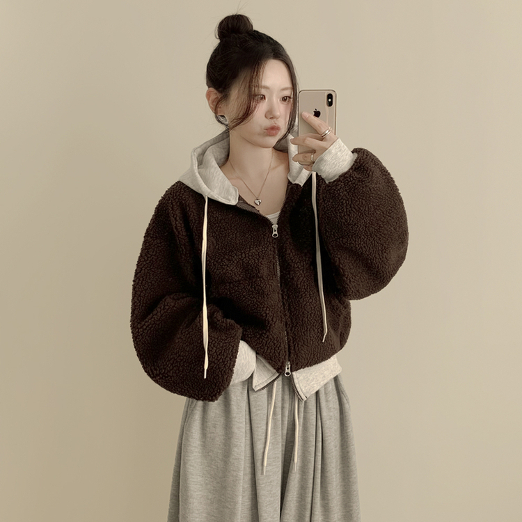 양털 뽀글이 배색 투웨이 스트링 오버핏 덤블 크롭 후드집업 점퍼 밤색