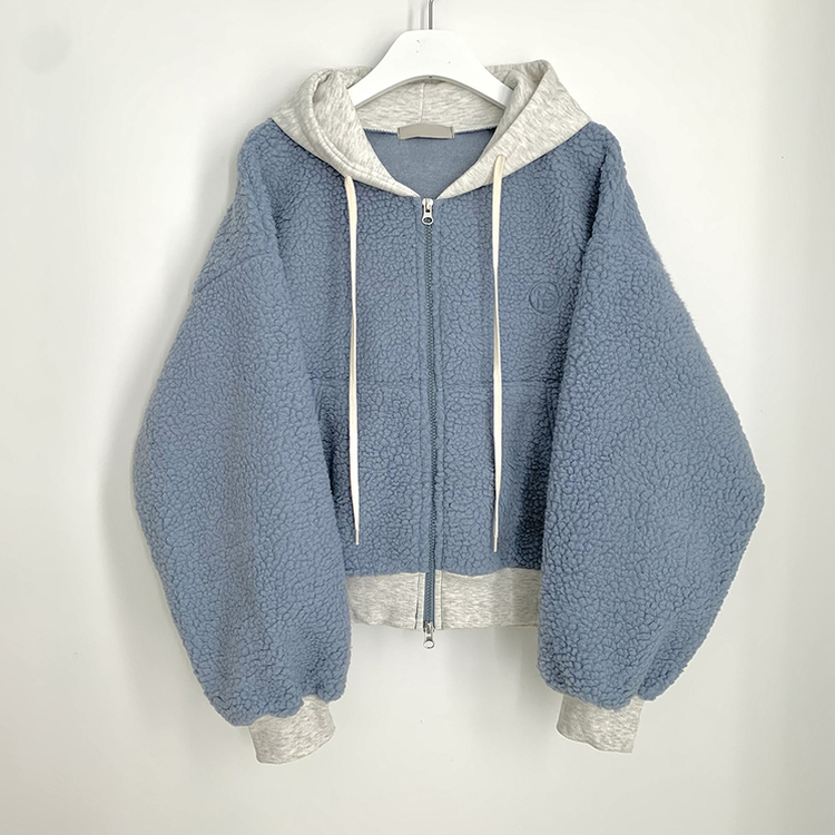 양털 뽀글이 배색 투웨이 스트링 오버핏 덤블 크롭 후드집업 점퍼