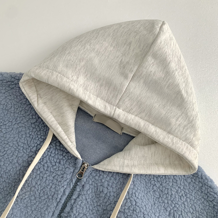 양털 뽀글이 배색 투웨이 스트링 오버핏 덤블 크롭 후드집업 점퍼