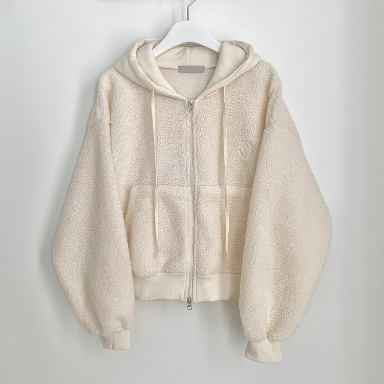 양털 뽀글이 배색 투웨이 스트링 오버핏 덤블 크롭 후드집업 점퍼