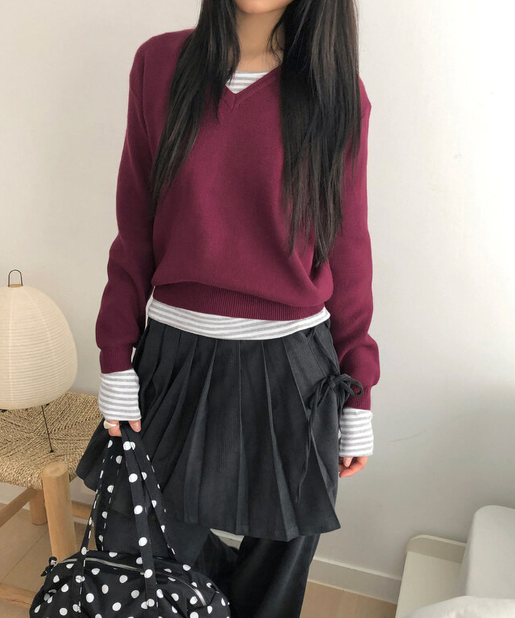 이본 스트라이프 라운드넥 슬림핏 긴팔 티셔츠 회색