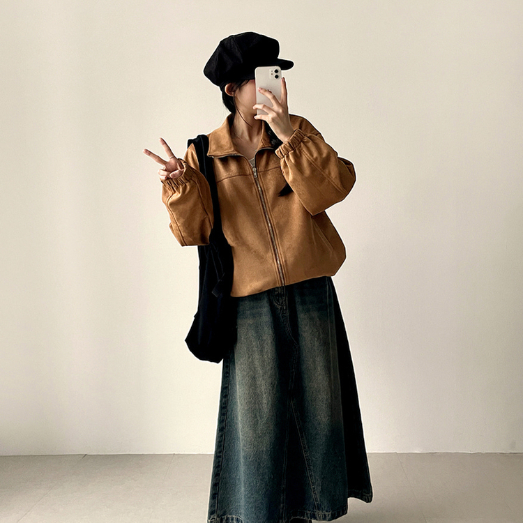 ストリングスエードジップアップジャンパー CAMEL