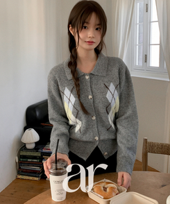 アーガイルチェックウールニットカーディガン   GRAY