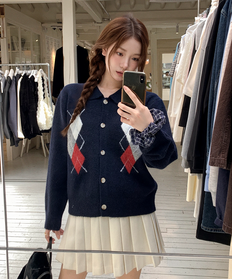 アーガイルチェックウールニットカーディガン   NAVY