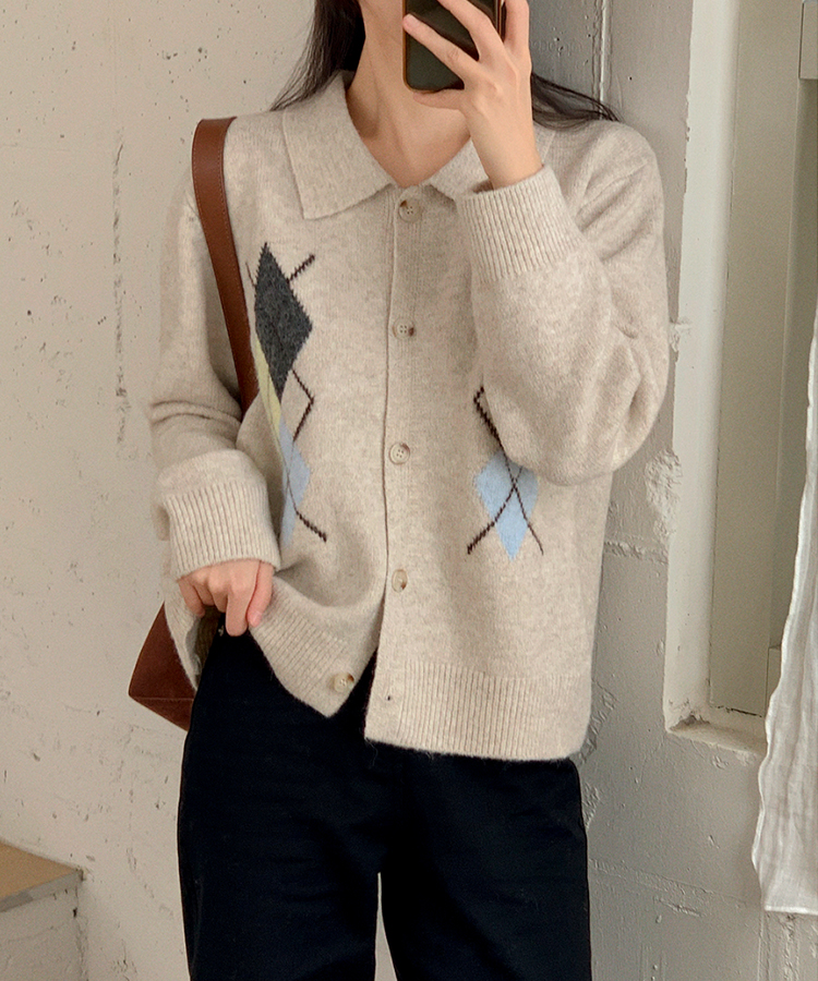 アーガイルチェックウールニットカーディガン   BEIGE