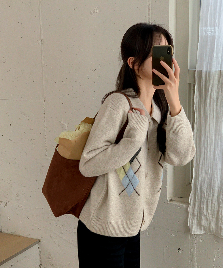 アーガイルチェックウールニットカーディガン   BEIGE