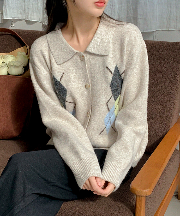 アーガイルチェックウールニットカーディガン   BEIGE