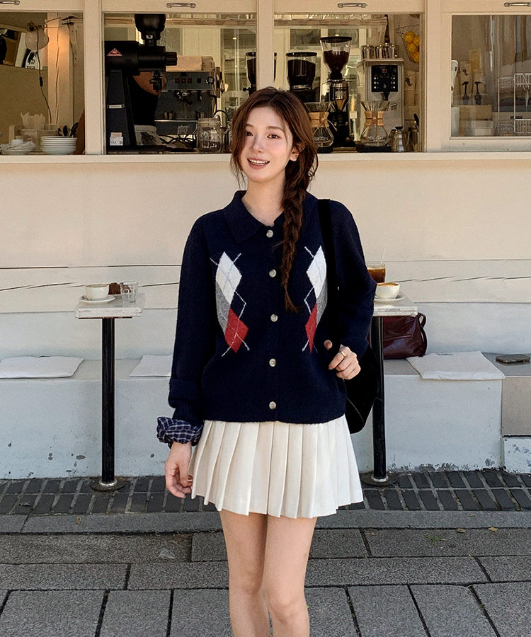 アーガイルチェックウールニットカーディガン   NAVY