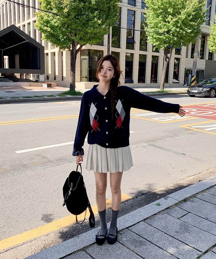 アーガイルチェックウールニットカーディガン   NAVY