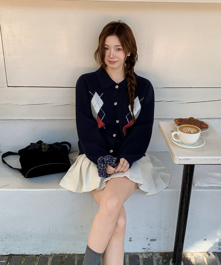 アーガイルチェックウールニットカーディガン   NAVY
