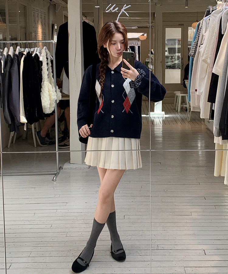 アーガイルチェックウールニットカーディガン   NAVY