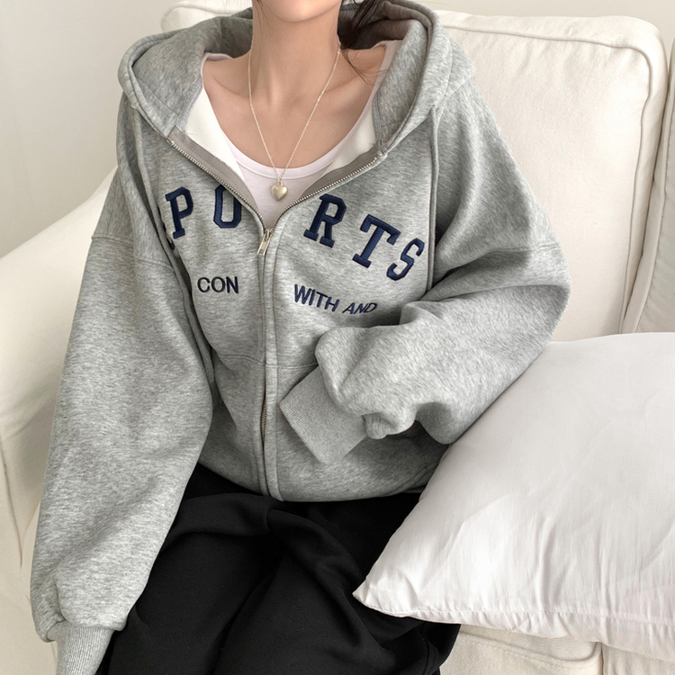 刺繍レタリングフードジップアップ(6color)｜ジャンパー｜韓国