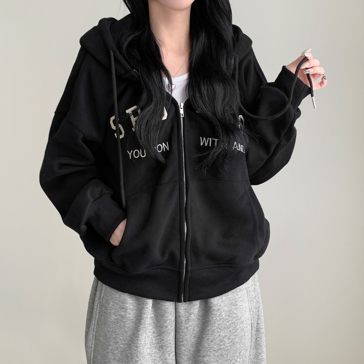 刺繍レタリングフードジップアップ(6color)｜ジャンパー｜韓国