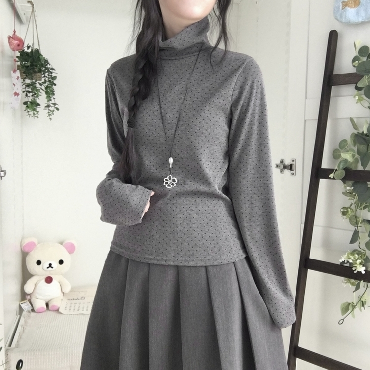 국내제작 완전 부드러운 낙낙핏 부들부들 도트 목폴라 긴팔 티셔츠 먹색