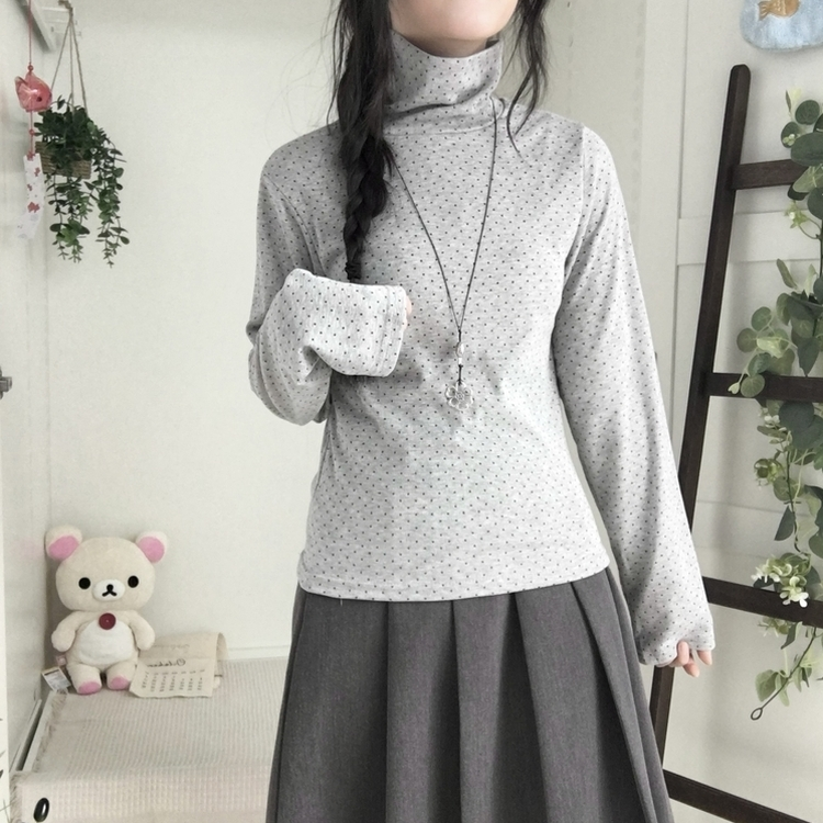 국내제작 완전 부드러운 낙낙핏 부들부들 도트 목폴라 긴팔 티셔츠 그레이