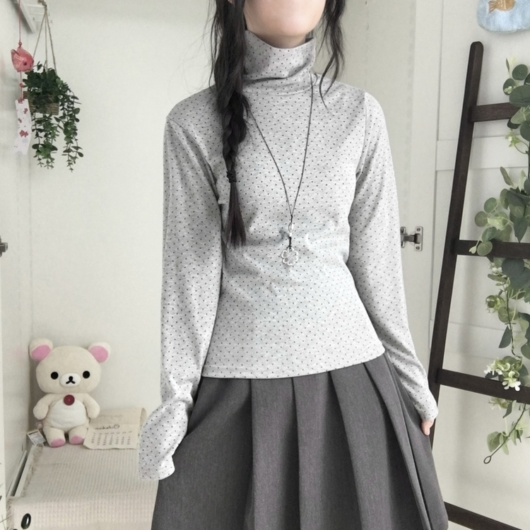 국내제작 완전 부드러운 낙낙핏 부들부들 도트 목폴라 긴팔 티셔츠 그레이