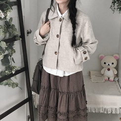 빈티지 모리걸 버튼 포켓 둥근카라 숏 코트 자켓 프레피 베이지