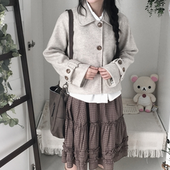 빈티지 모리걸 버튼 포켓 둥근카라 숏 코트 자켓 프레피 베이지