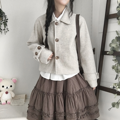 빈티지 모리걸 버튼 포켓 둥근카라 숏 코트 자켓 프레피 베이지