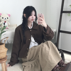 빈티지 모리걸 버튼 포켓 둥근카라 숏 코트 자켓 프레피 브라운