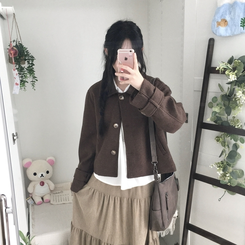 빈티지 모리걸 버튼 포켓 둥근카라 숏 코트 자켓 프레피 브라운