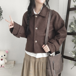 빈티지 모리걸 버튼 포켓 둥근카라 숏 코트 자켓 프레피 브라운
