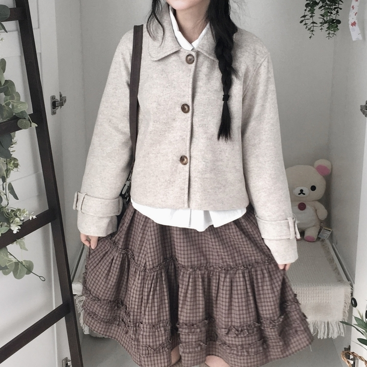 빈티지 모리걸 버튼 포켓 둥근카라 숏 코트 자켓 프레피 베이지