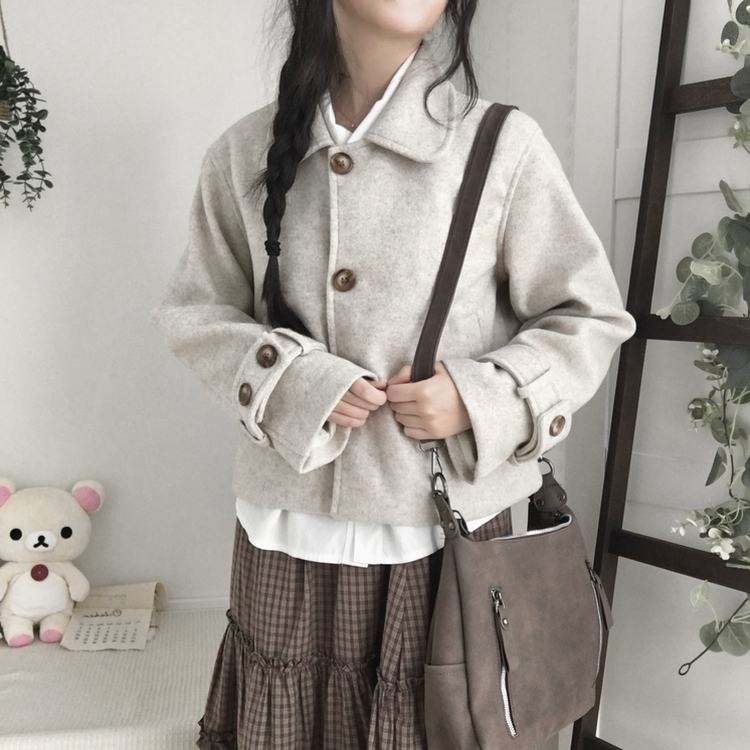 빈티지 모리걸 버튼 포켓 둥근카라 숏 코트 자켓 프레피 베이지