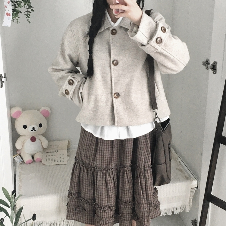 빈티지 모리걸 버튼 포켓 둥근카라 숏 코트 자켓 프레피 베이지