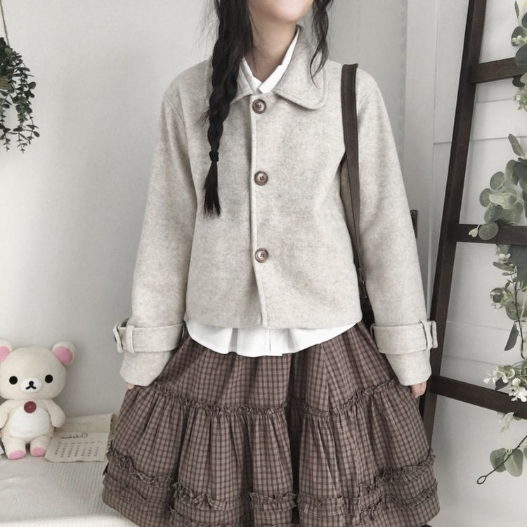 빈티지 모리걸 버튼 포켓 둥근카라 숏 코트 자켓 프레피 베이지