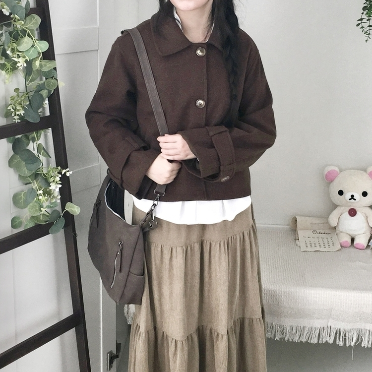 빈티지 모리걸 버튼 포켓 둥근카라 숏 코트 자켓 프레피 브라운