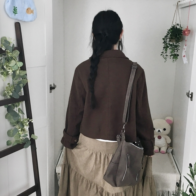 빈티지 모리걸 버튼 포켓 둥근카라 숏 코트 자켓 프레피 브라운