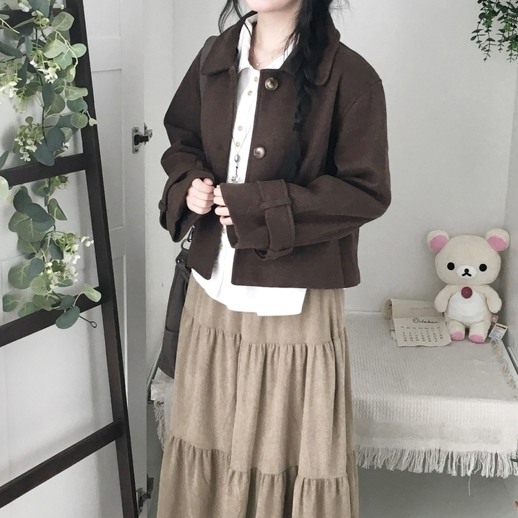 빈티지 모리걸 버튼 포켓 둥근카라 숏 코트 자켓 프레피 브라운