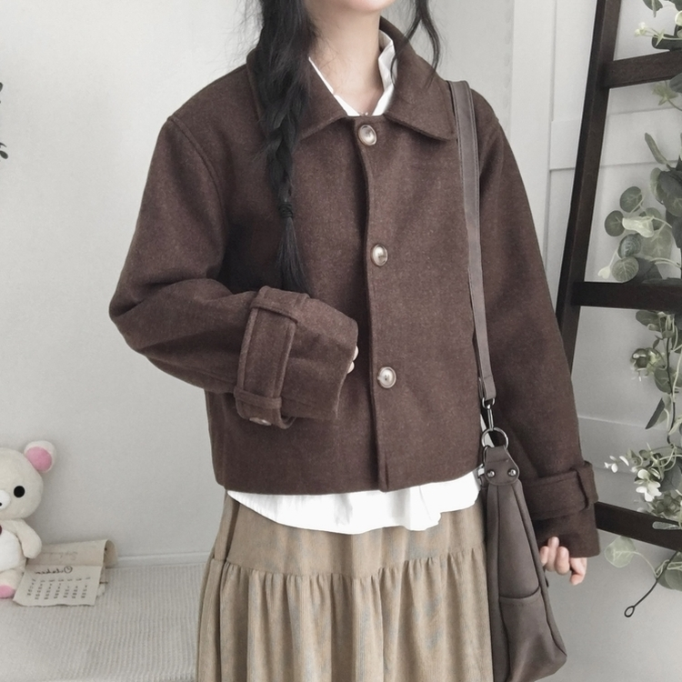 빈티지 모리걸 버튼 포켓 둥근카라 숏 코트 자켓 프레피 브라운