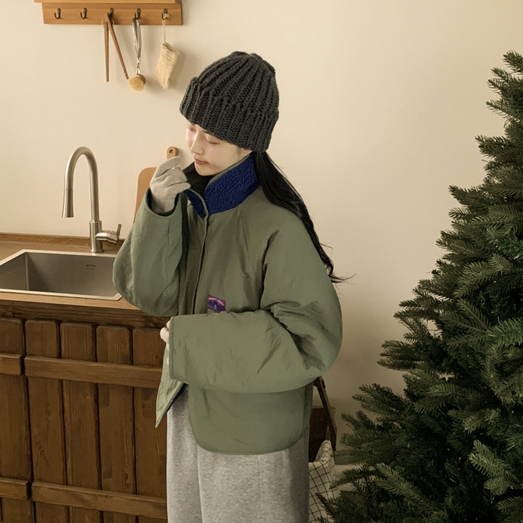 왕오버핏 귀여운 뽀글이 배색 하이넥 포켓 후리스야상 자켓 리버시블 점퍼 패딩