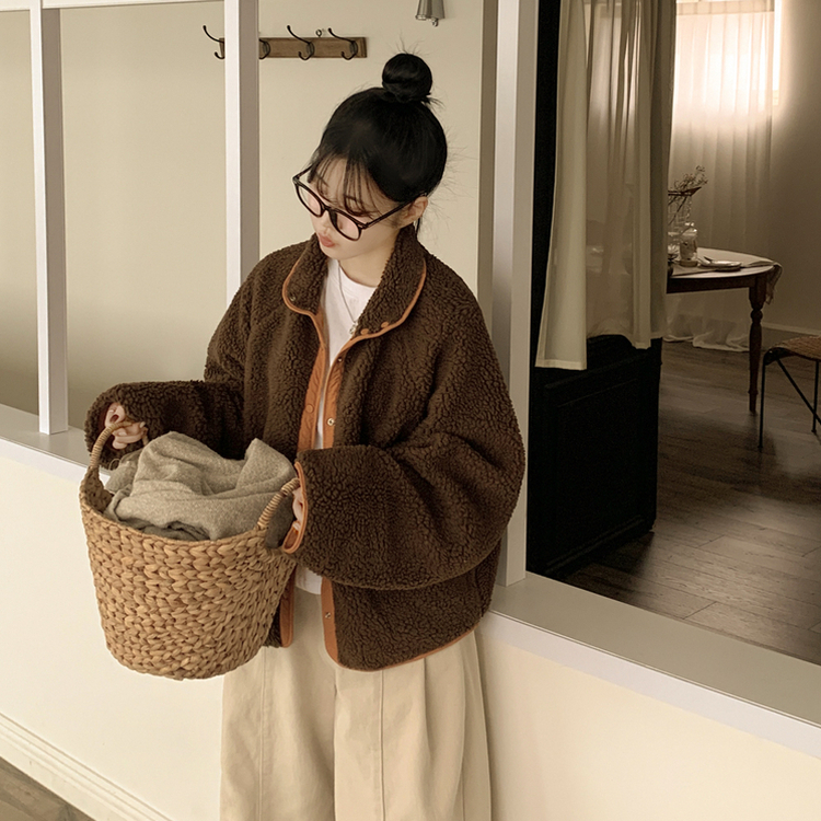 왕오버핏 귀여운 뽀글이 배색 하이넥 포켓 후리스야상 자켓 리버시블 점퍼 패딩