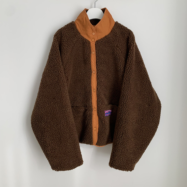 왕오버핏 귀여운 뽀글이 배색 하이넥 포켓 후리스야상 자켓 리버시블 점퍼 패딩