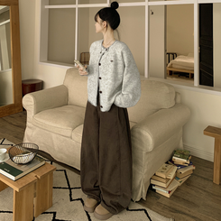 부드럽고 폭닥한 배색 단추포인트 라운드 겨울 여리여리 울가디건 라이트그레이