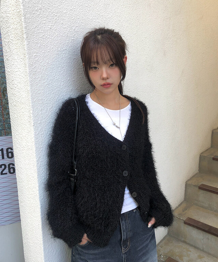 アンゴラVネックニットカーディガン(8color)｜カーディガン