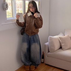 너트 뽀글이 덤블 무스탕 점퍼 브라운